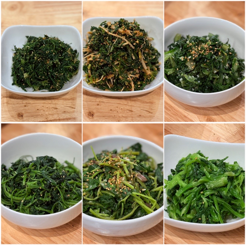 緑の葉野菜のサラダの盛り付けが6つ並んでいる画像