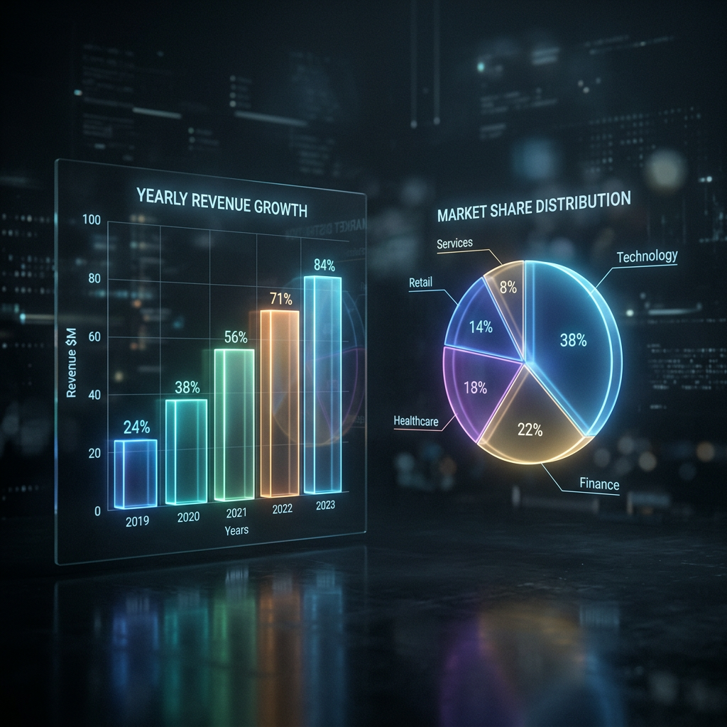 Bar chart showing yearly revenue growth from 2019 to 2023 and a pie chart displaying market share distribution by sector