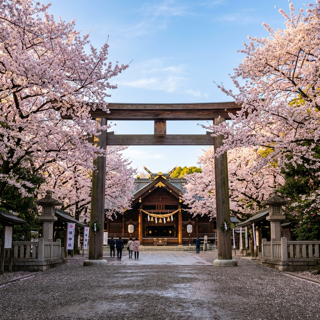 Torii gate leading to a Shinto shrine with cherry blossom trees in full bloom on both sides