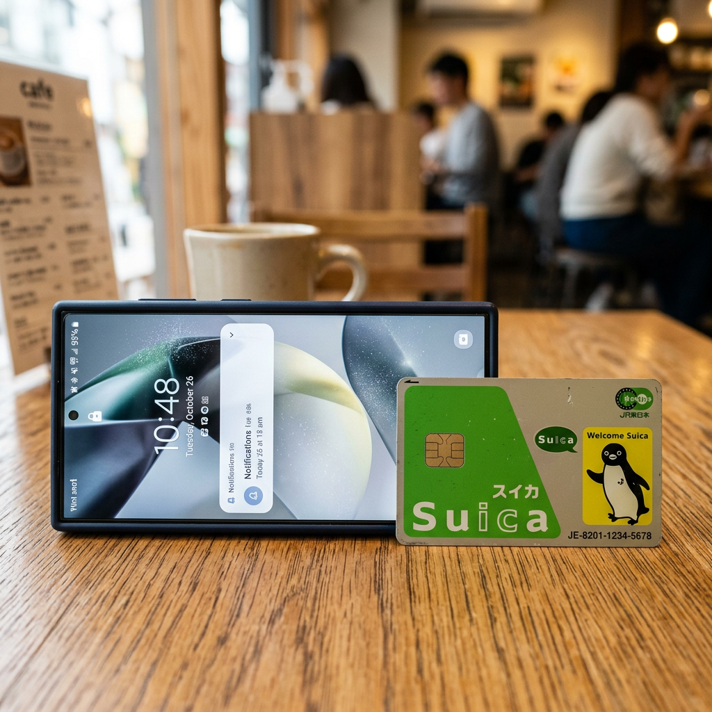 Smartphone leaning horizontally with a Suica transit card beside it on a wooden table