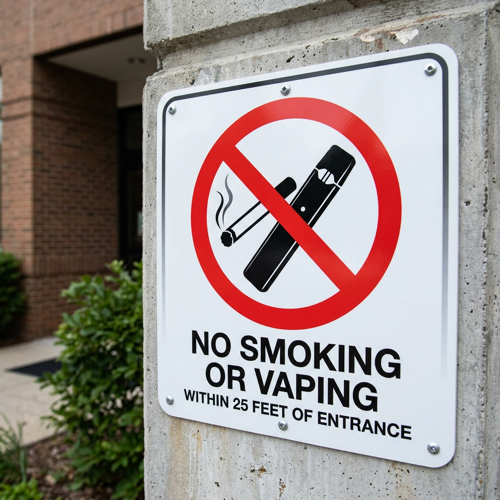 No smoking or vaping allowed within 25 feet of entrance sign showing cigarette and vape device with red prohibition symbol