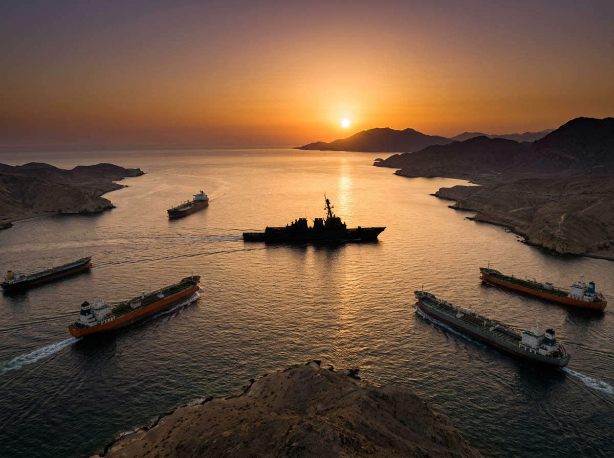 Naval warship with six oil tankers near rocky coast at sunset