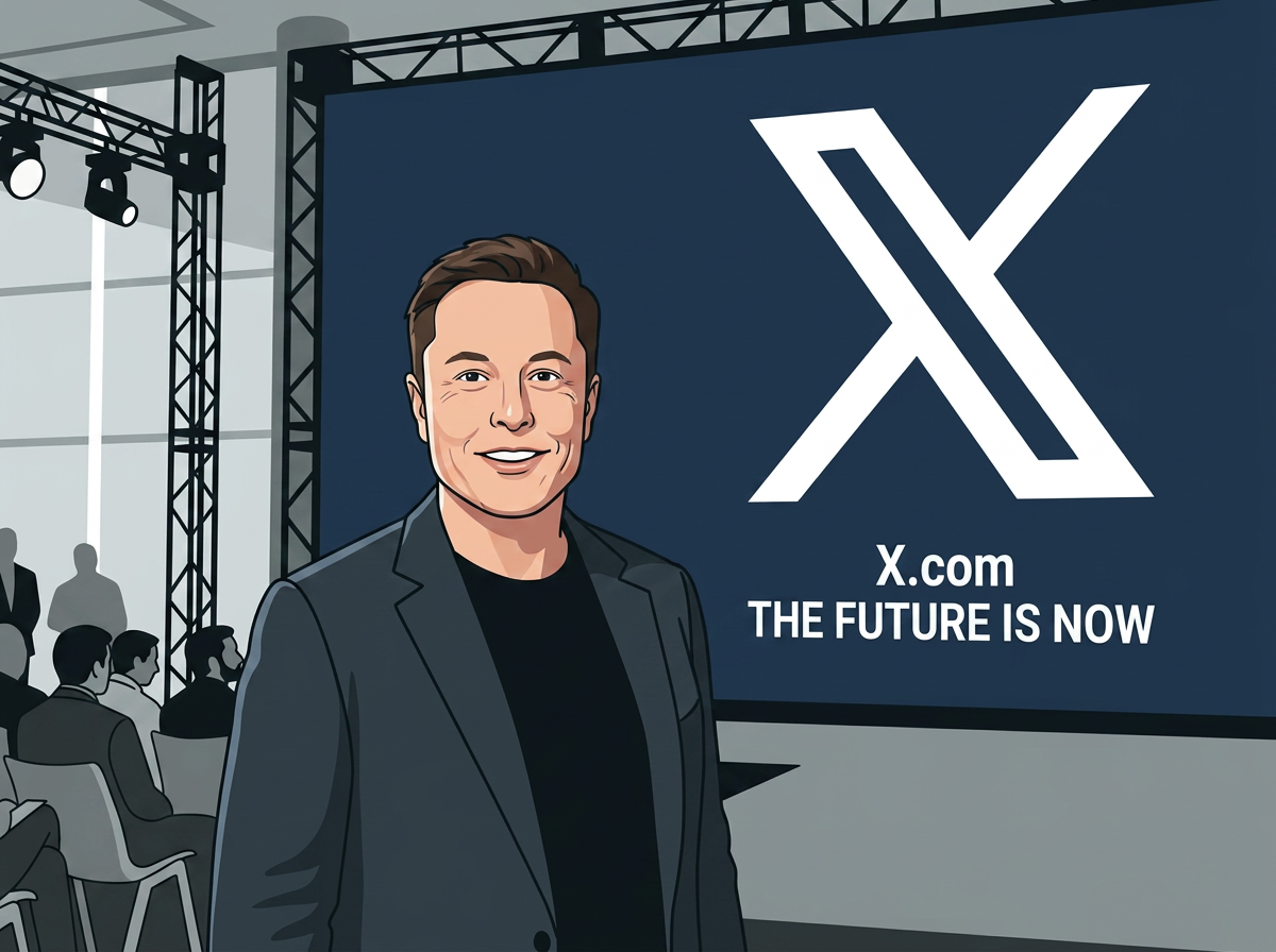 Tech CEO in black jacket standing before screen displaying 'X.com THE FUTURE IS NOW'