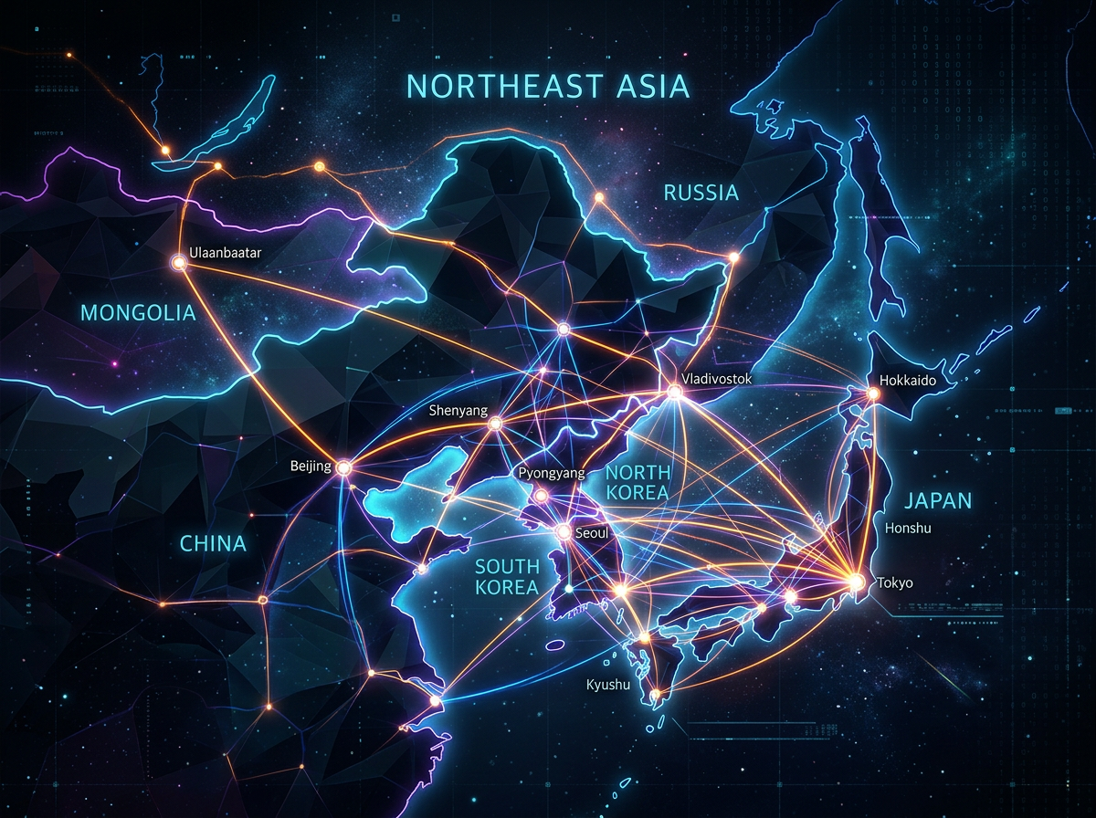 Map of Northeast Asia with cities connected by glowing digital lines