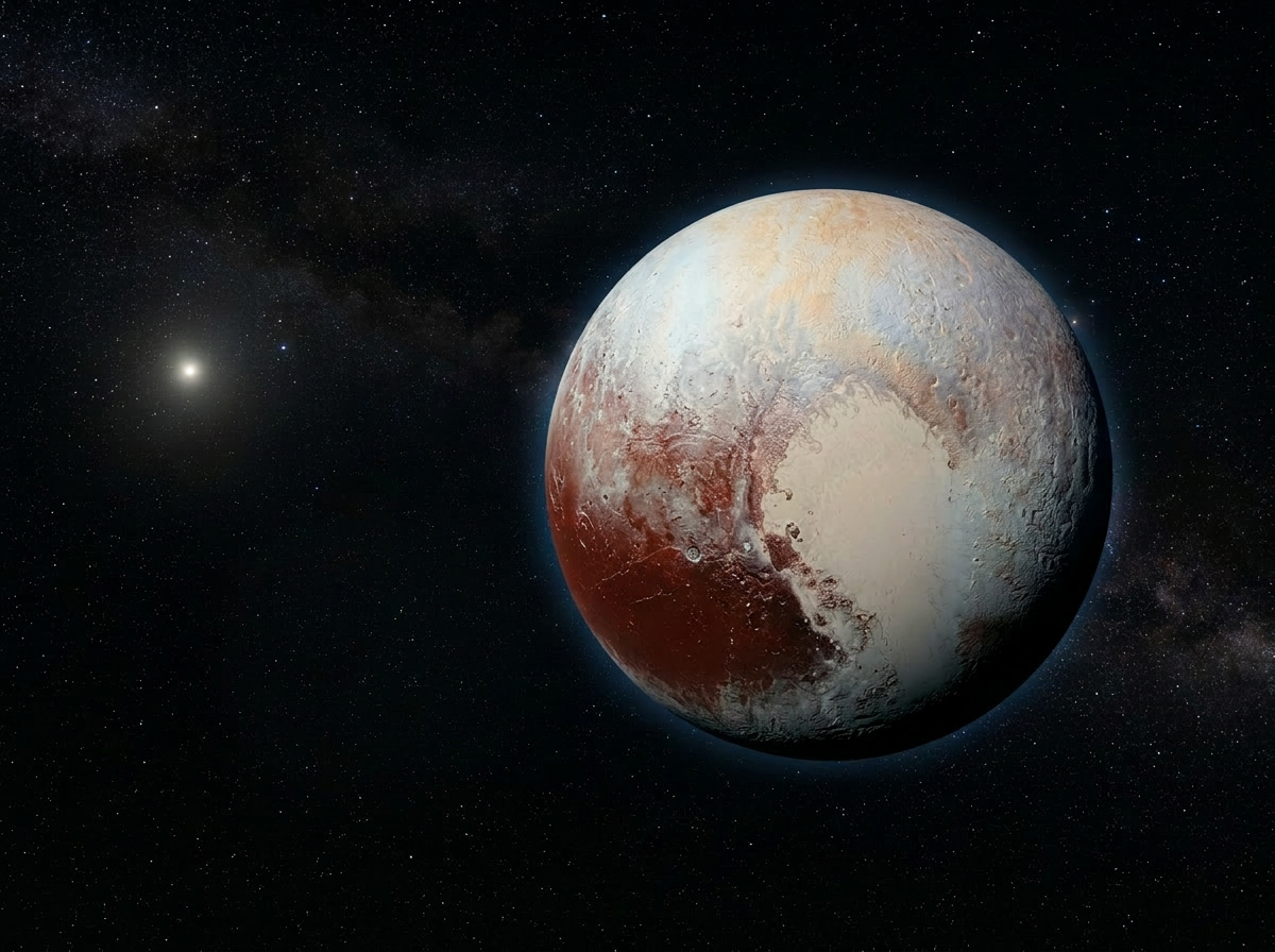 The dwarf planet Pluto with its large ice plains and reddish-brown surface next to its gray moon Charon, set against a star-filled black sky