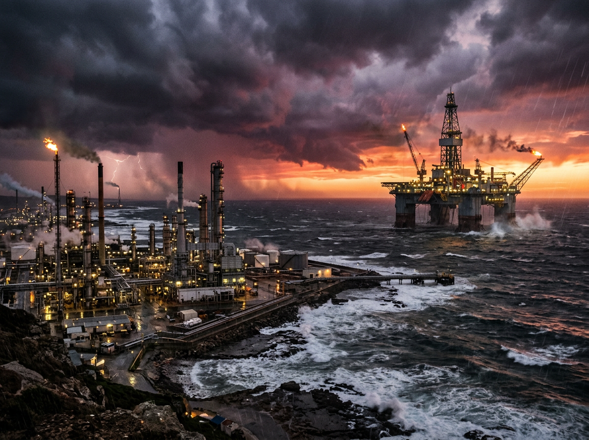 Offshore oil rig and coastal refinery at sunset with storm clouds and lightning