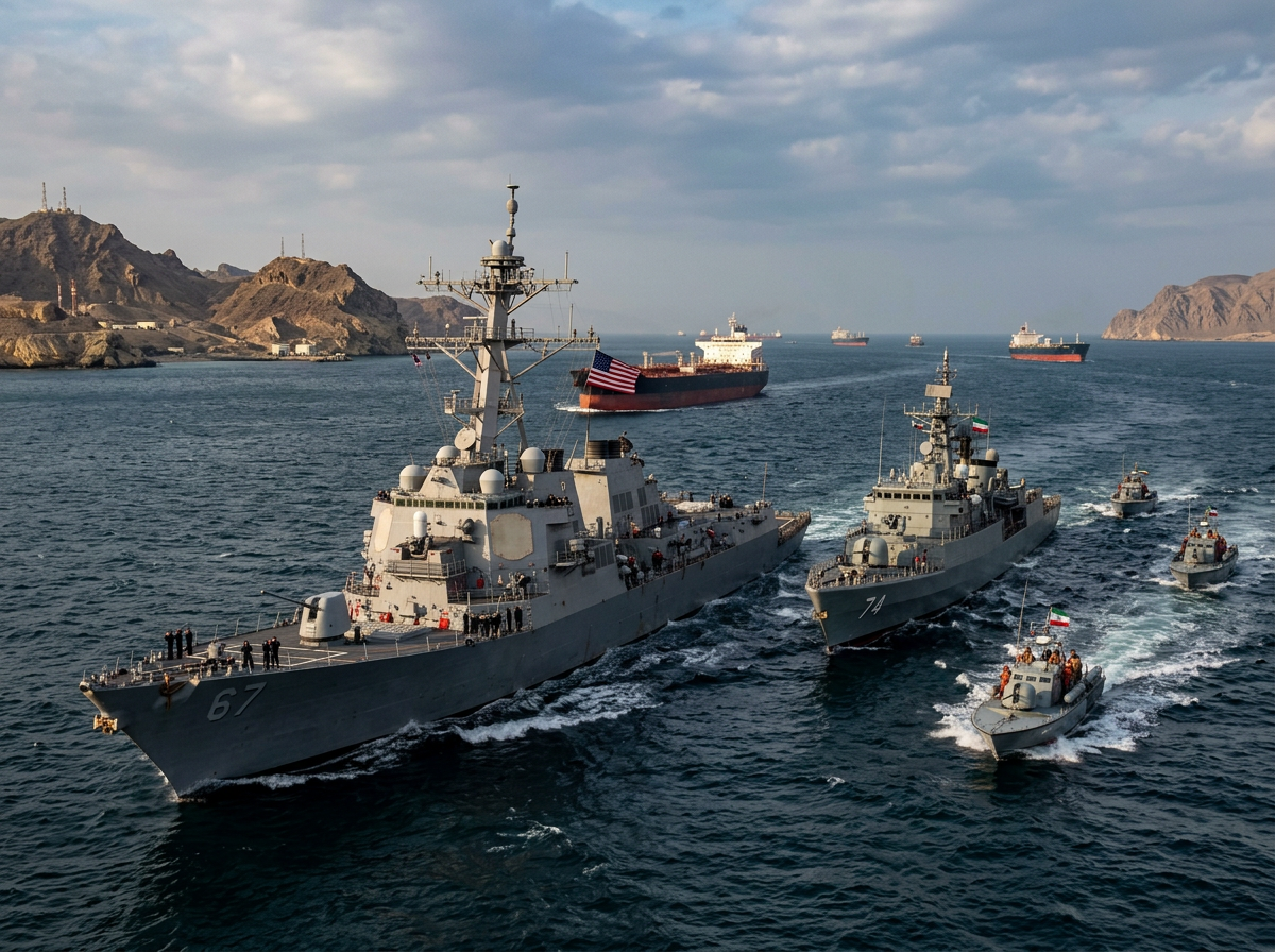 Several naval ships including US and Iranian vessels navigating a narrow waterway with mountainous shores and cargo ships in the background
