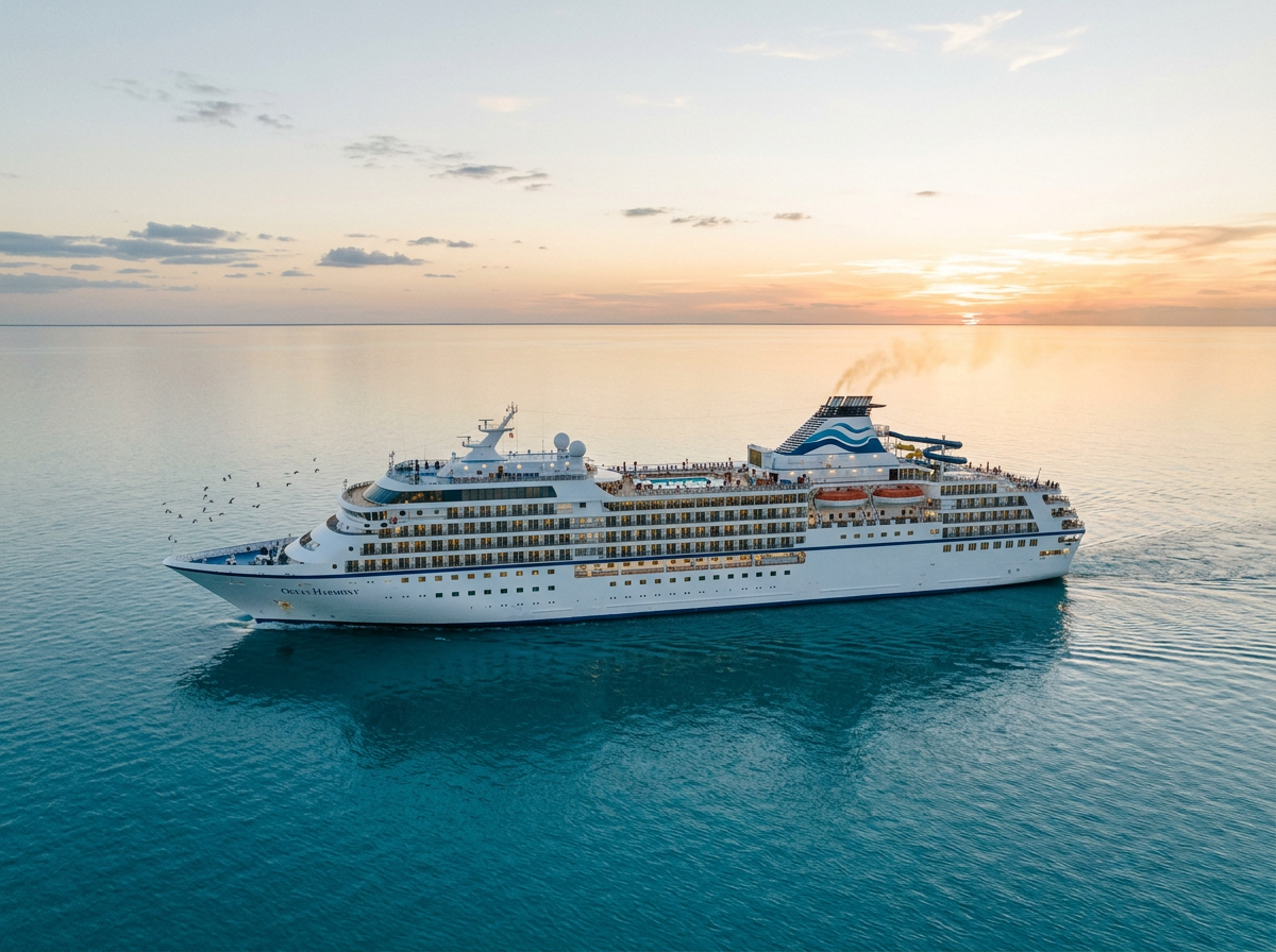Large white cruise ship sailing on calm ocean with sunset in background