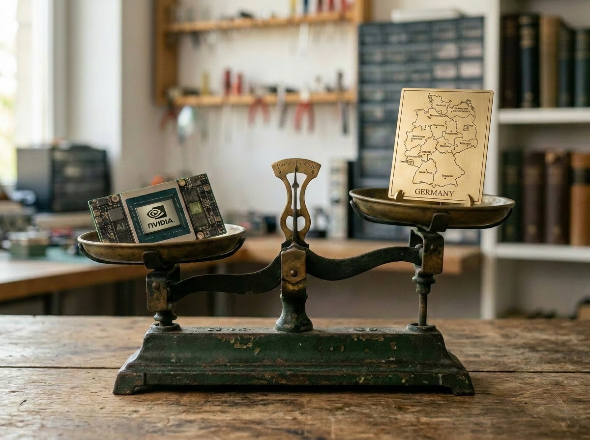 Vintage balance scale with an AI computer chip on one side and a German flag on the other side