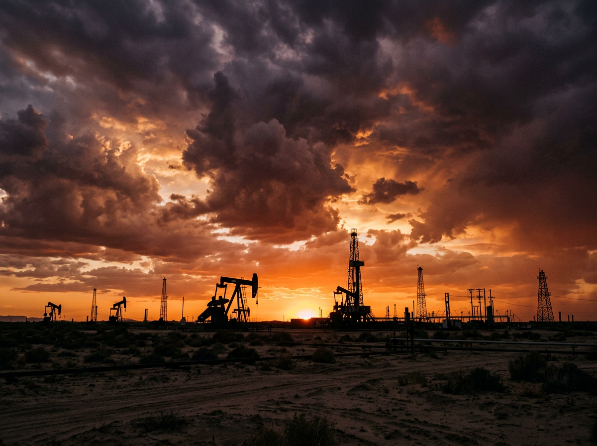 Oil pumpjacks and drilling rigs silhouetted against a fiery orange sunset with dark clouds in the sky