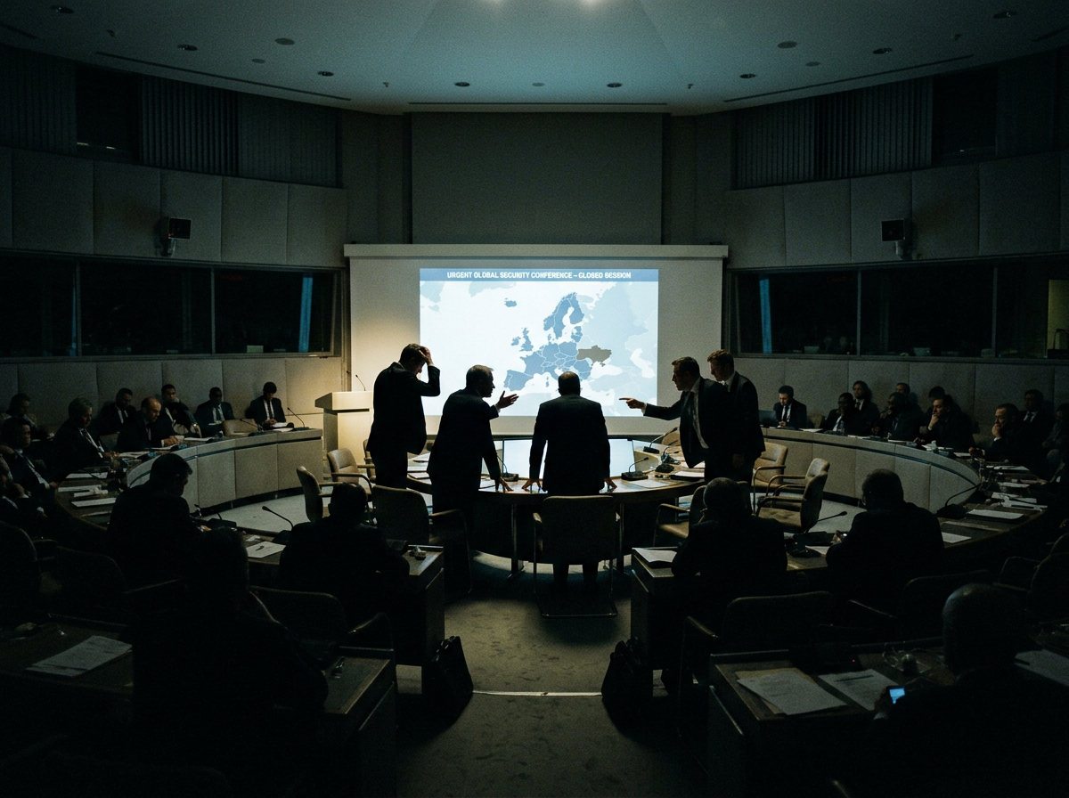 Group of delegates discussing a map of Europe at a global security conference