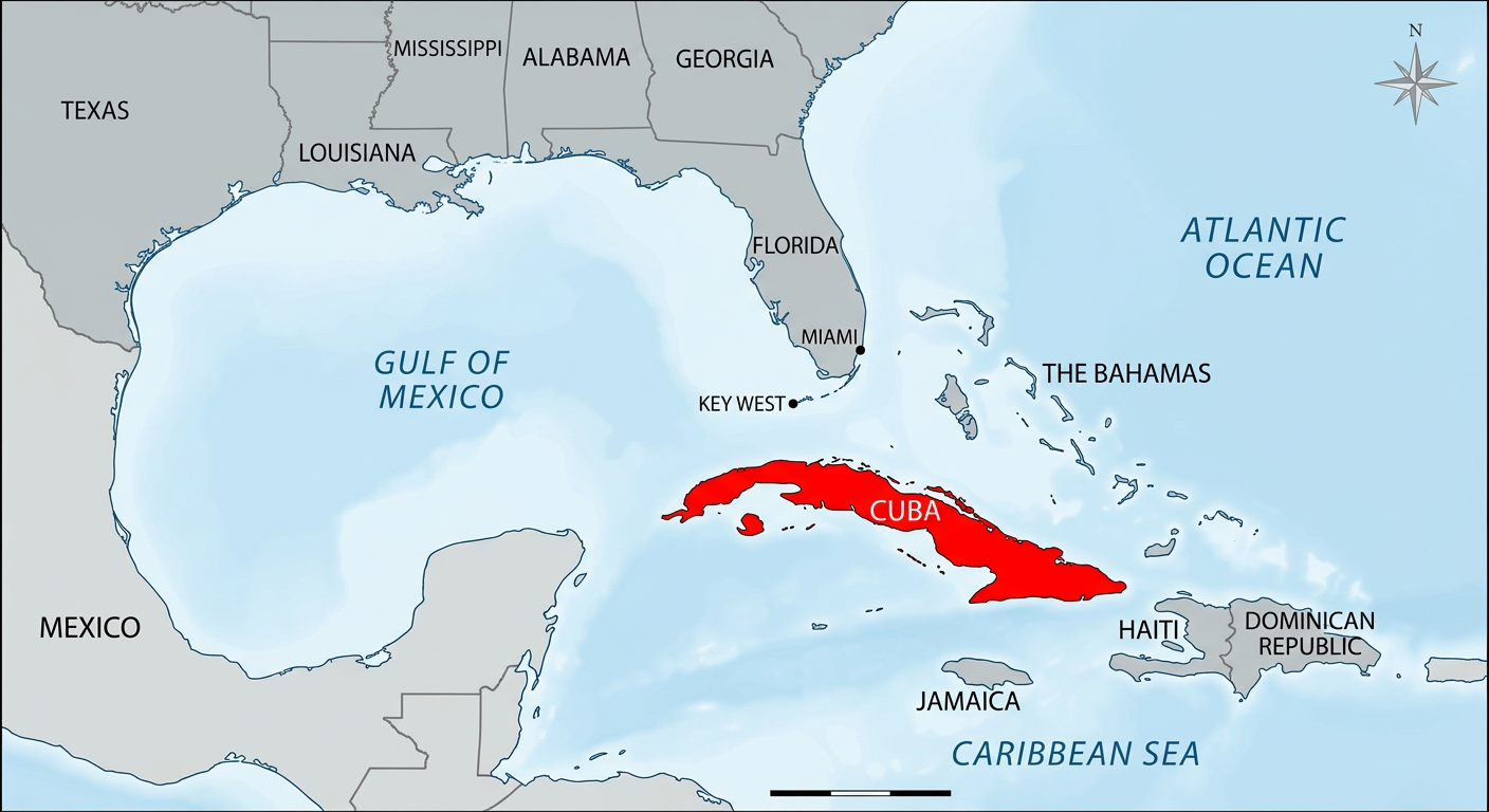 Map showing USA and highlighted Cuba