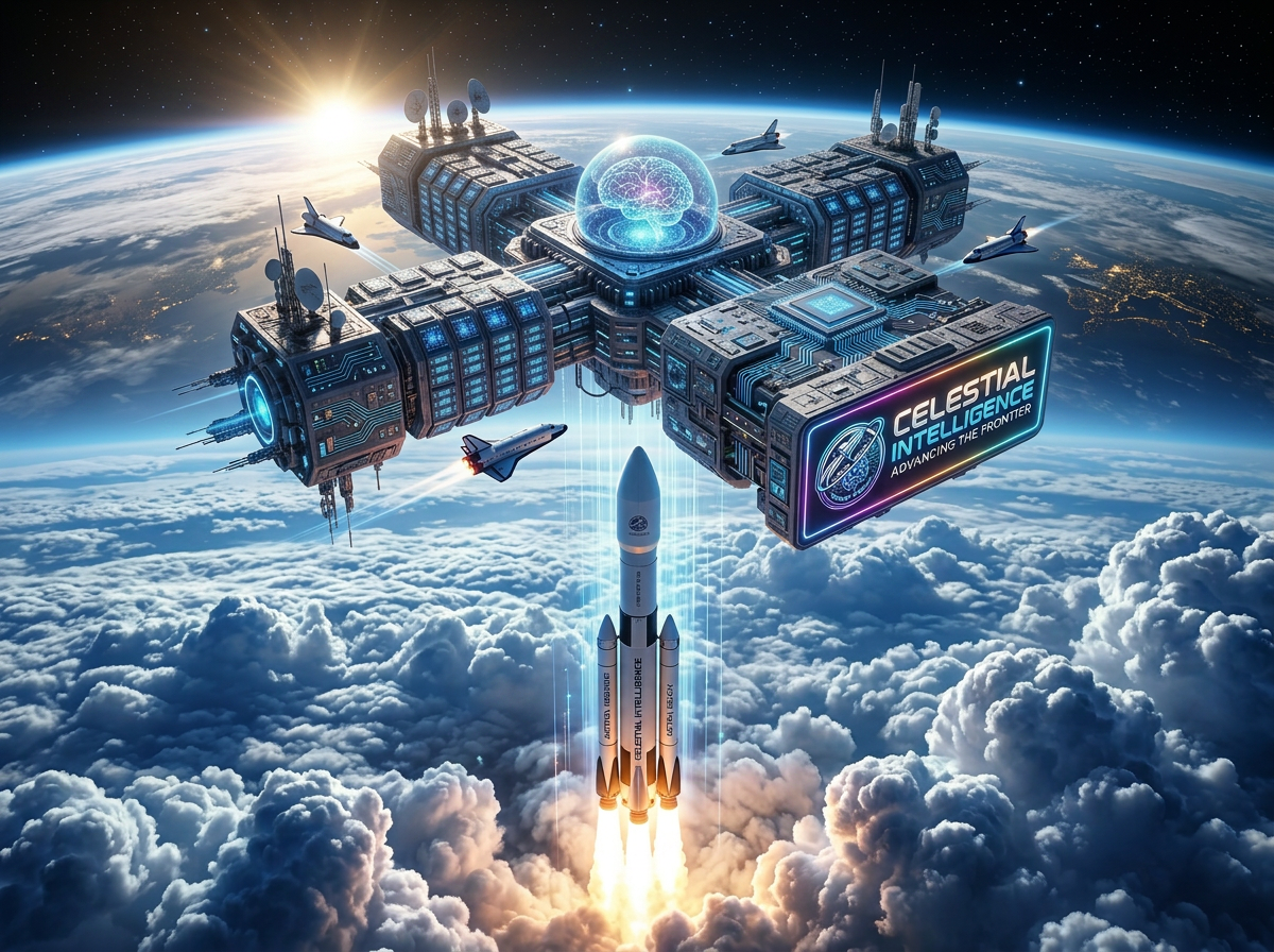 Space station with glowing AI brain dome and rockets launching above Earth