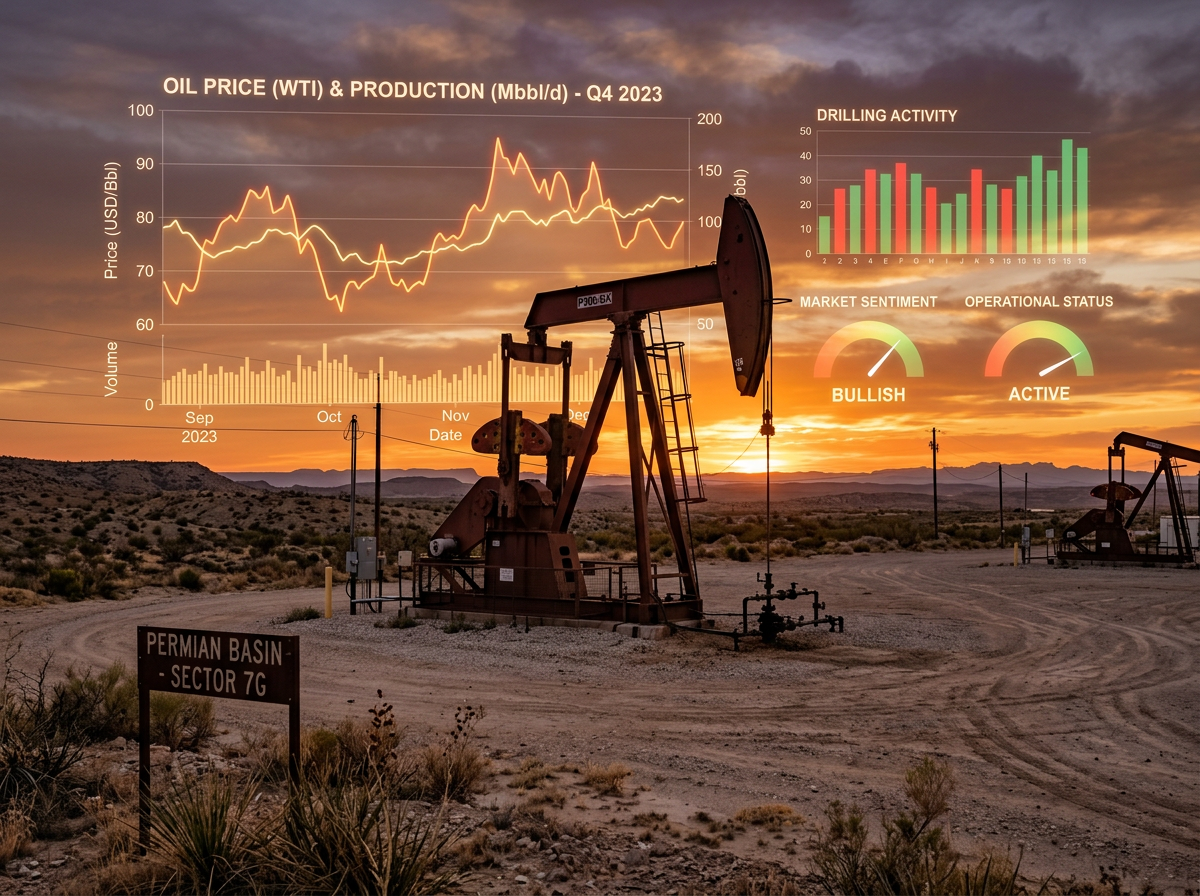 Oil pumpjacks in the Permian Basin desert with charts of oil price, production, drilling activity, market sentiment bullish, and operational status active