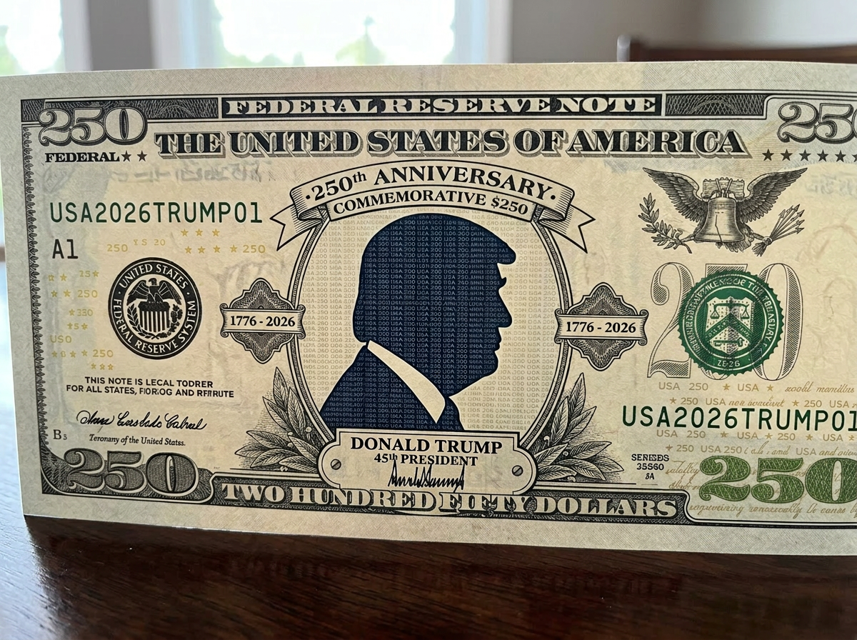 Novelty $100 bill with Donald Trump silhouette and 250th anniversary text