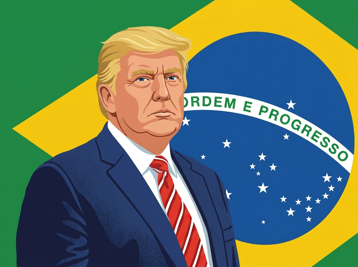 Man in dark suit with striped red and blue tie stands in front of Brazil flag