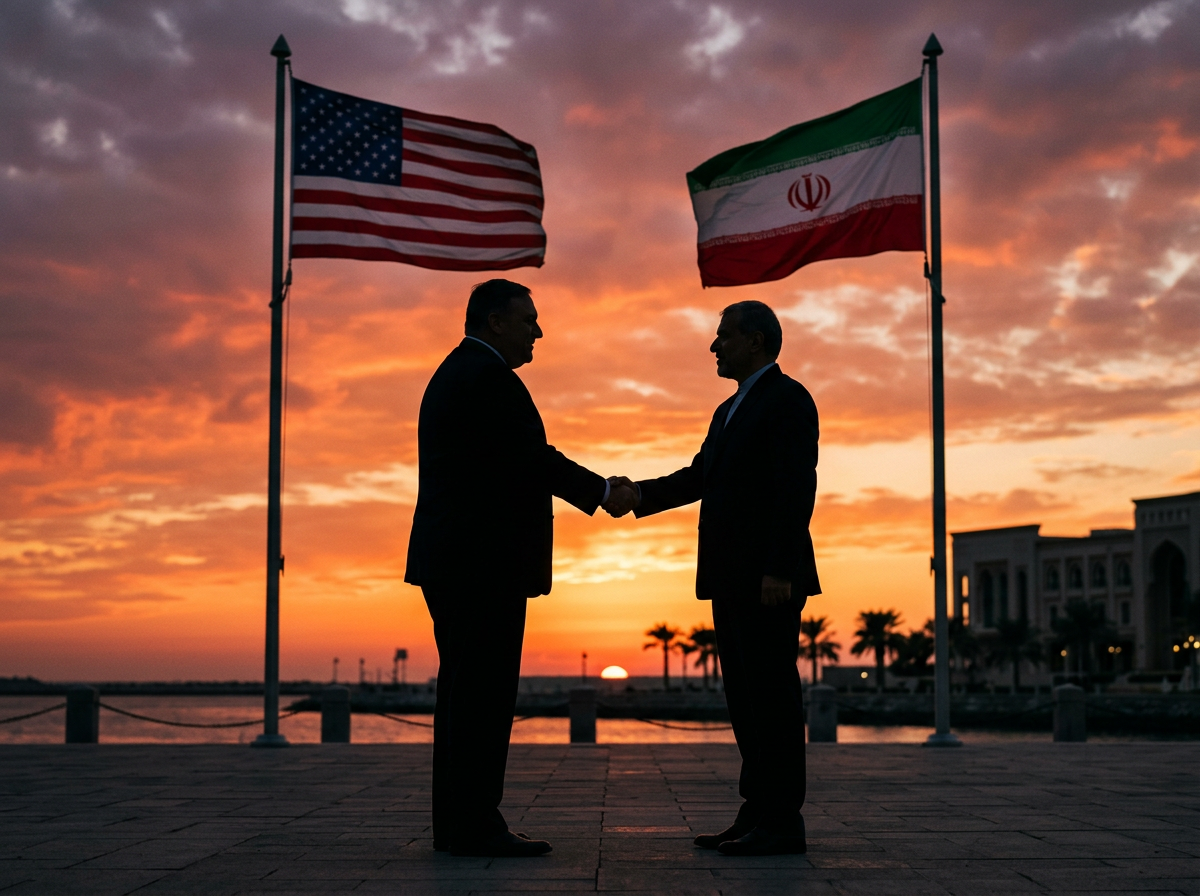 Two men in suits shaking hands with American and Iranian flags at sunset