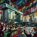 Korea Exchange building with animated traders and rising stock market charts and numbers