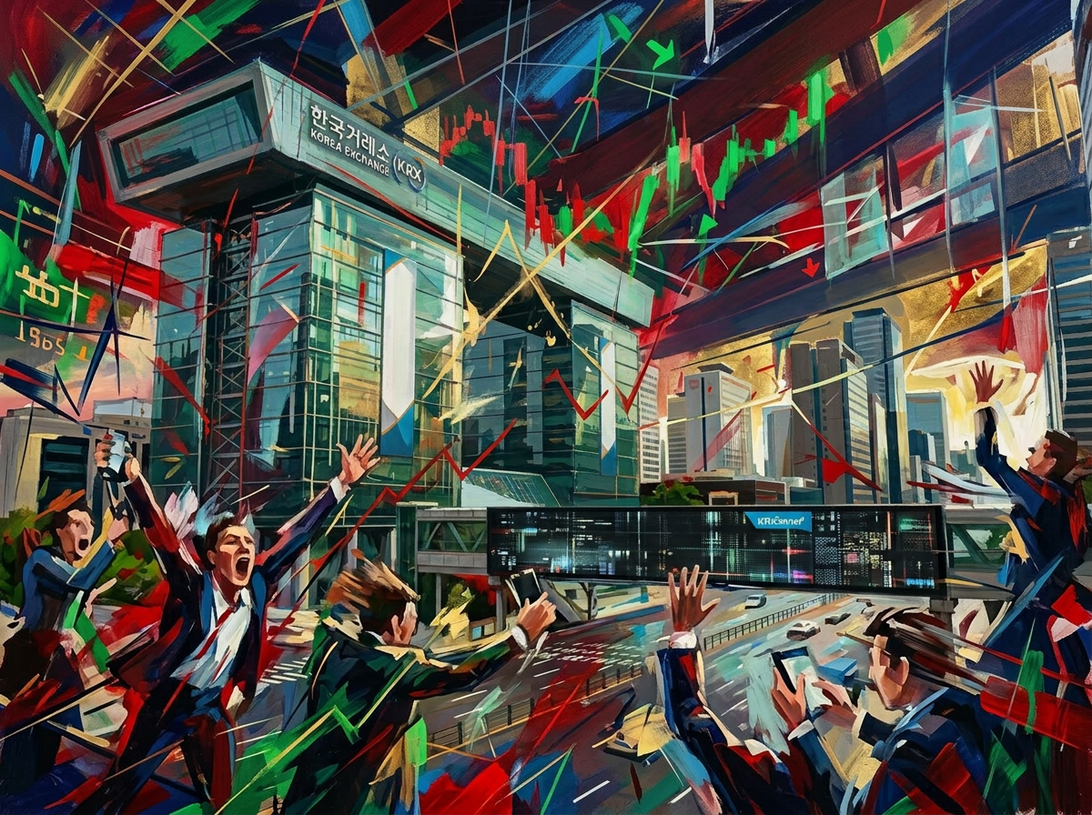 Korea Exchange building with animated traders and rising stock market charts and numbers