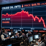 Trading floor with large screen showing WTI crude oil price dropping to $49.78, down 14.25%
