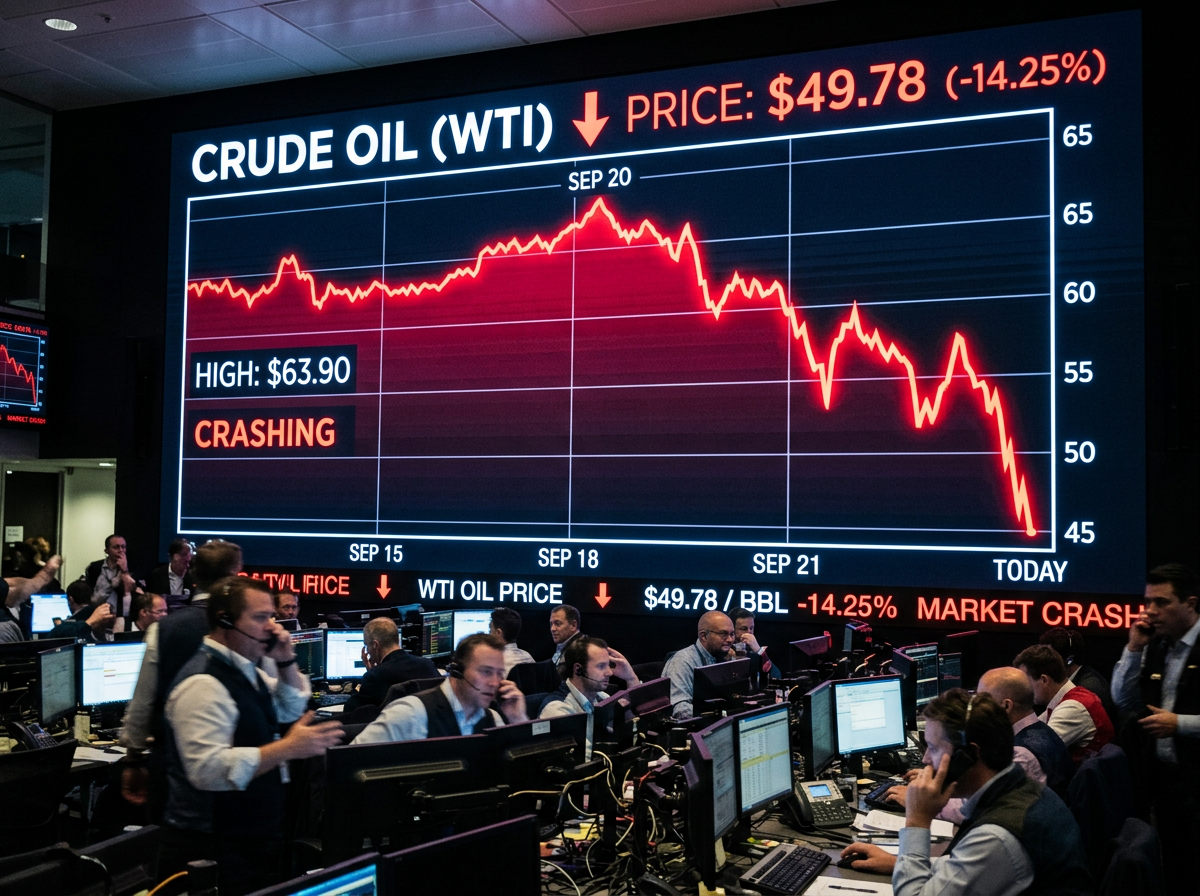 Trading floor with large screen showing WTI crude oil price dropping to $49.78, down 14.25%