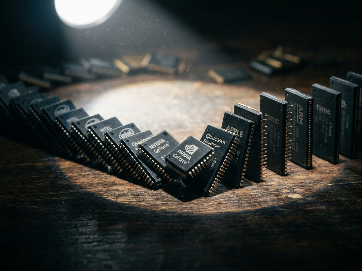 Computer chips from various tech brands arranged in a circle falling like dominoes on wood